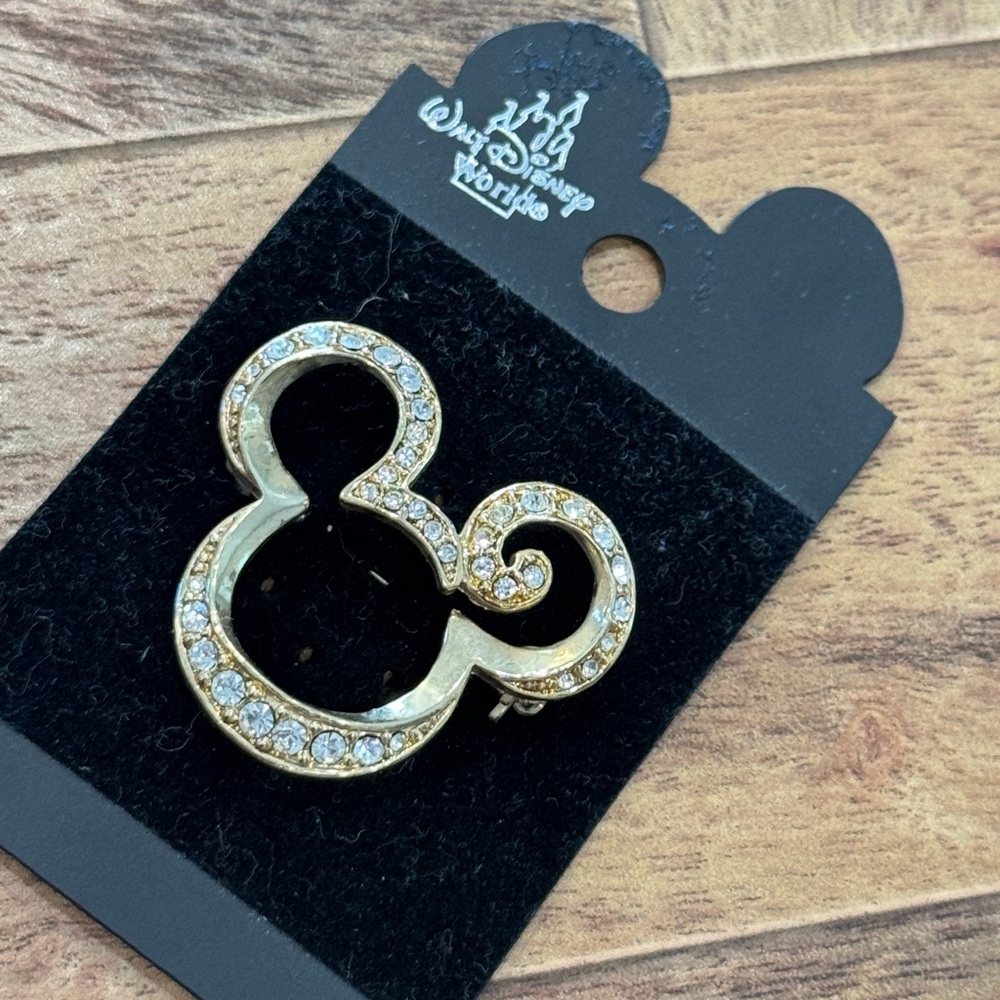 Vintage 1980s Disney Mickey Gold Rhinestone Brooch Pin w/ Original Packaging - Picture 3 of 6